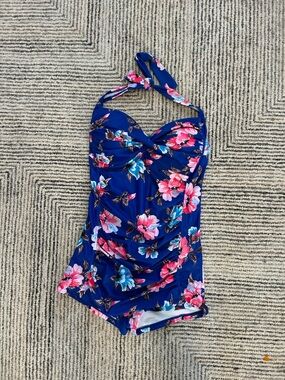 Women’s COCOSHIP Blue Floral One-Piece Swimsuit Shorts Halter pinup Size 10